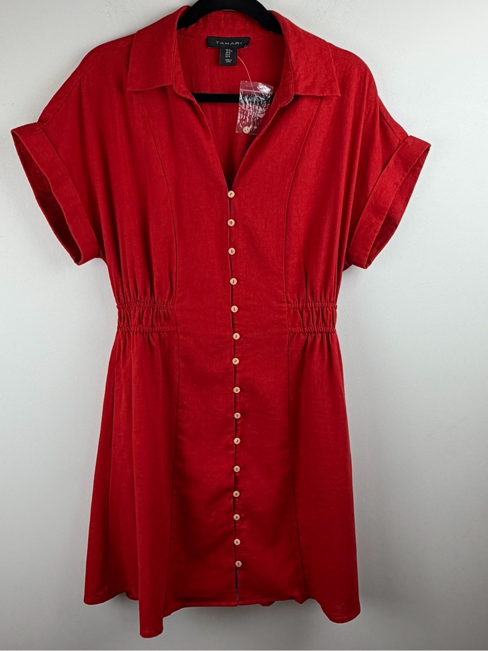 Tahari Women Linen Blend Red Button-Front Elastic waist Shirt Dress Size M NWOT